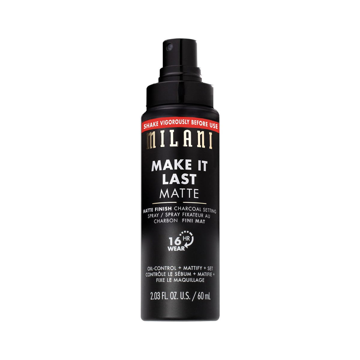 Milani front packaging of Make It Last matte setting spray, shows product benefit