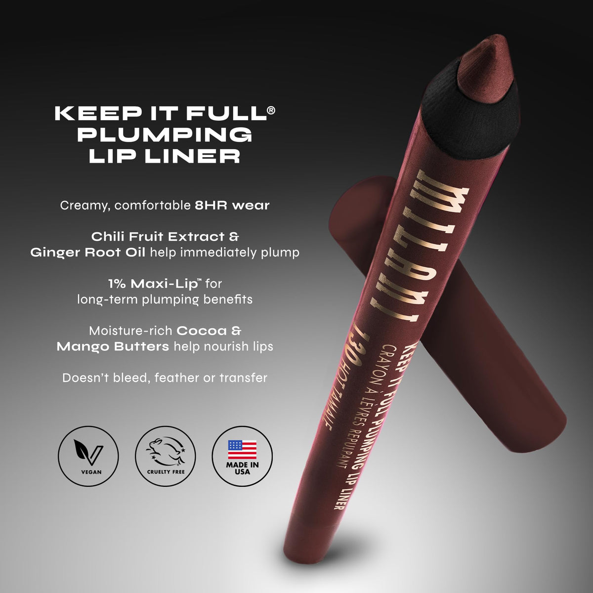 Milani Keep It Full on lips after lining, creating fuller-looking, defined pout
