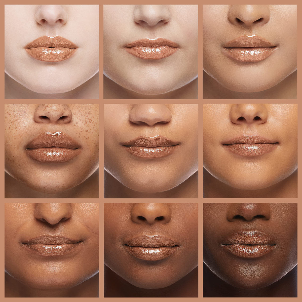 Milani gloss worn on lips illustrating nude shimmer and natural fuller look