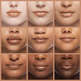 Milani gloss worn on lips illustrating nude shimmer and natural fuller look