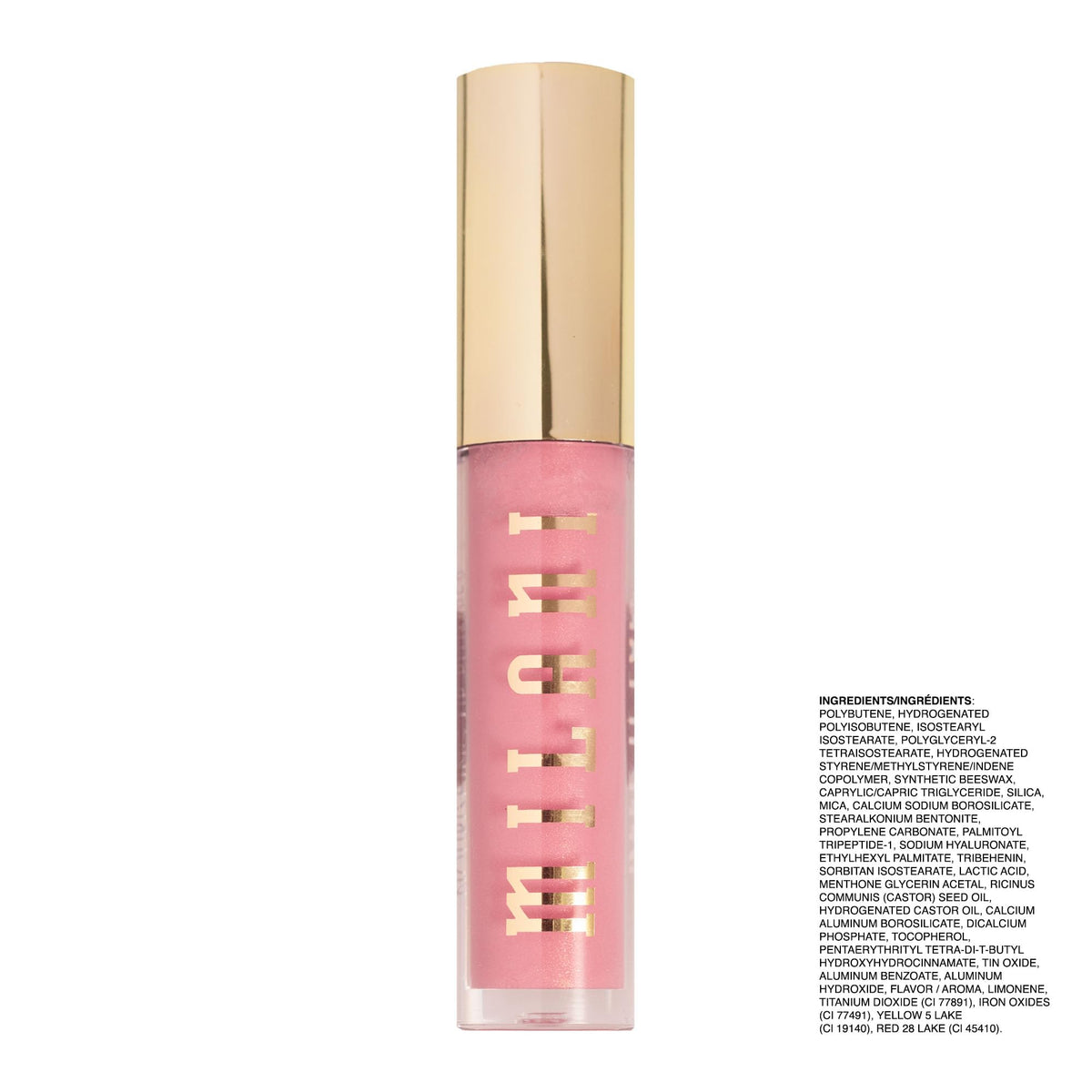 Milani gloss layered over lipstick demonstrating added shine and color-dimension benefit