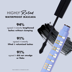 Milani mascara brush coating lashes for visible length and lifted volume