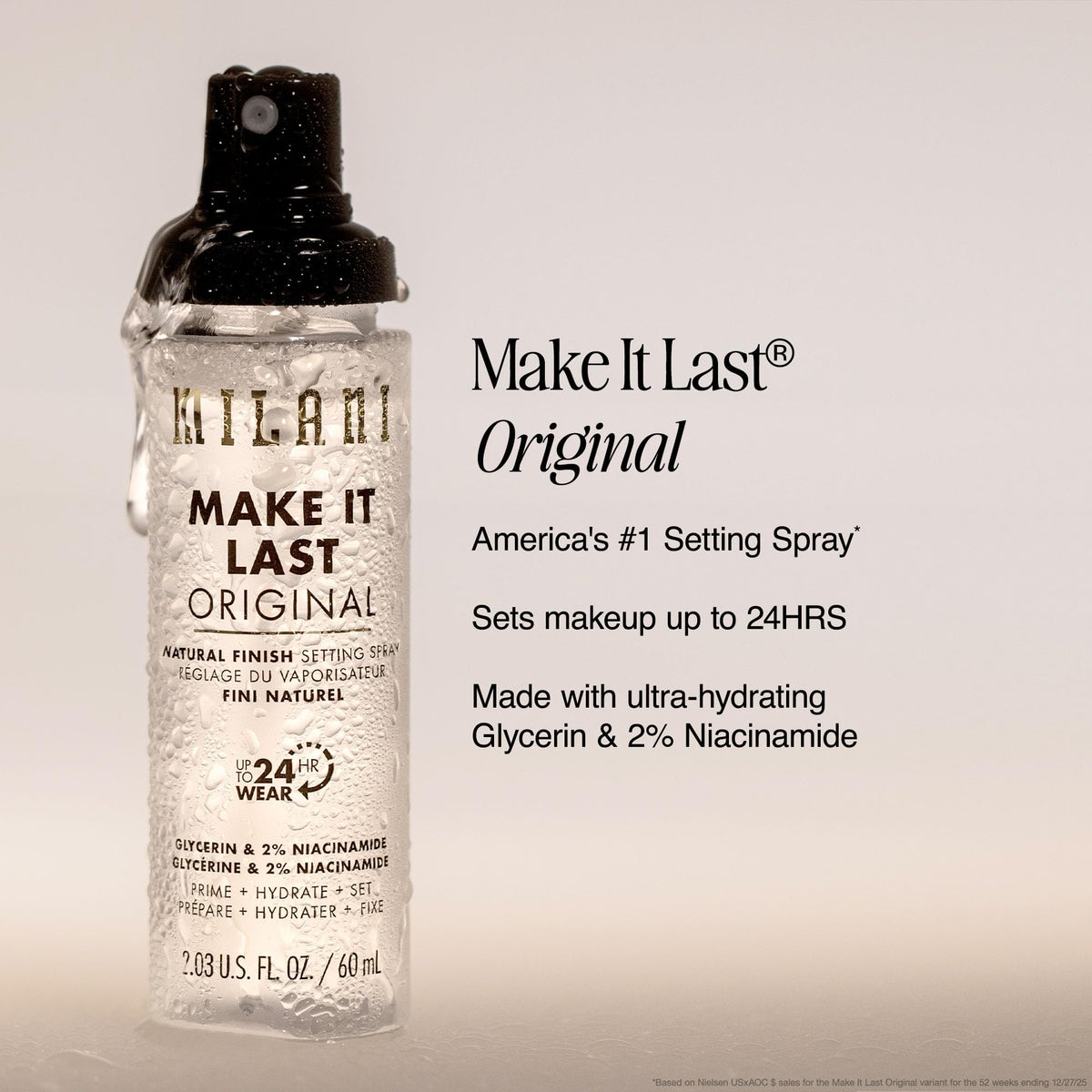 Milani matte charcoal bottle detail highlighting oil-absorbing formula and sleek design