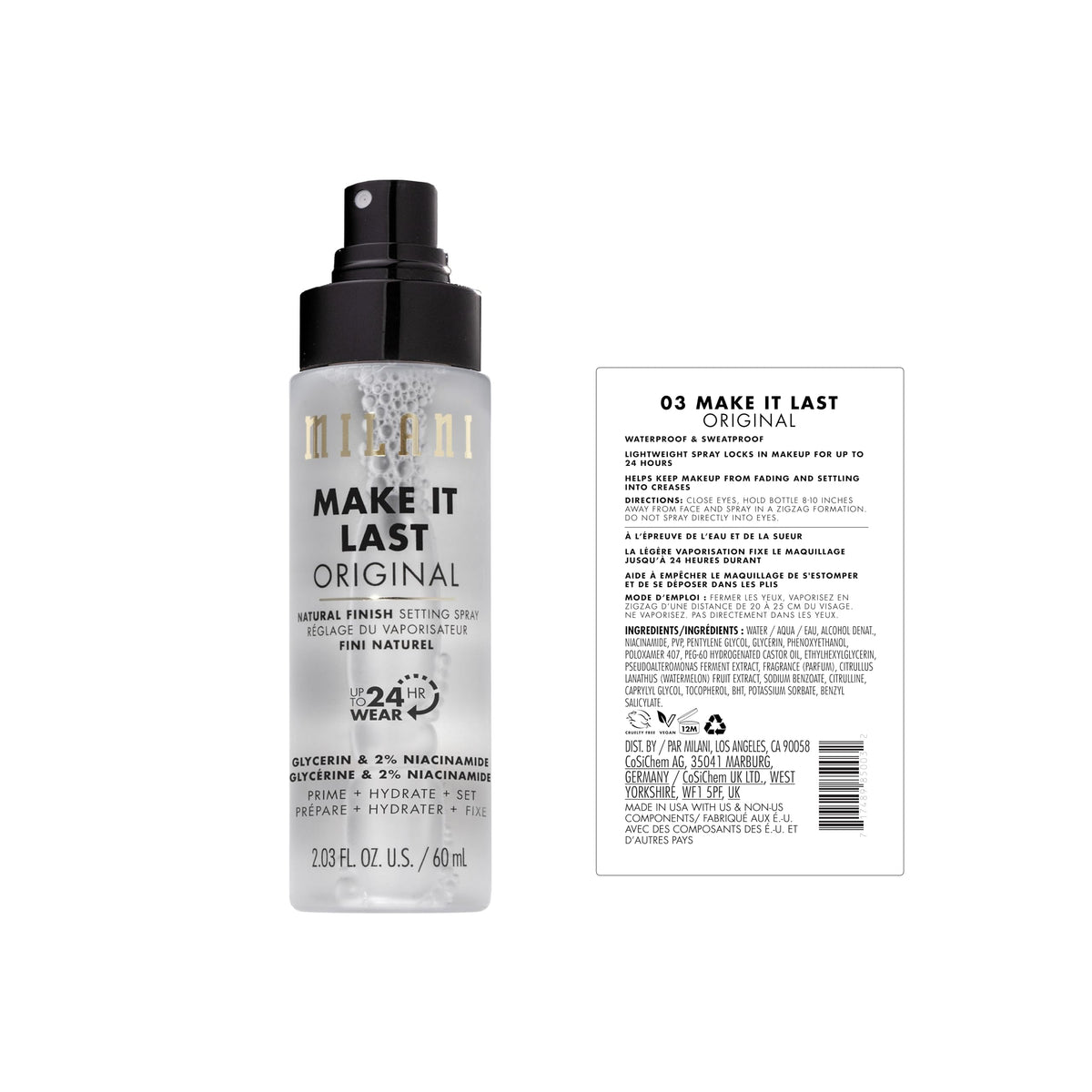 Milani natural finish spray close-up showing fine mist and oil-control benefit