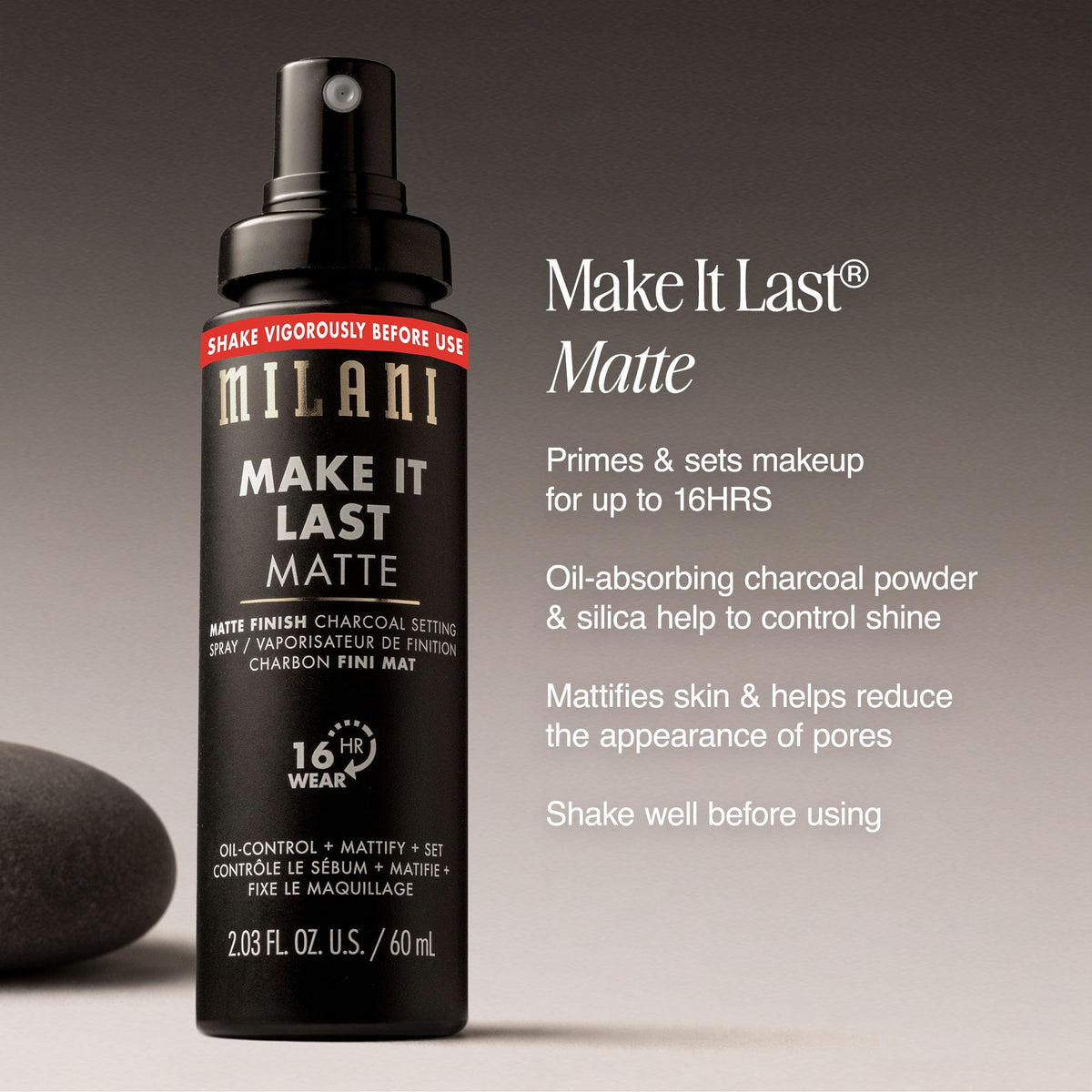Milani on-model applying matte spray to T-zone to control shine and blur pores