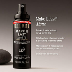 Milani on-model applying matte spray to T-zone to control shine and blur pores