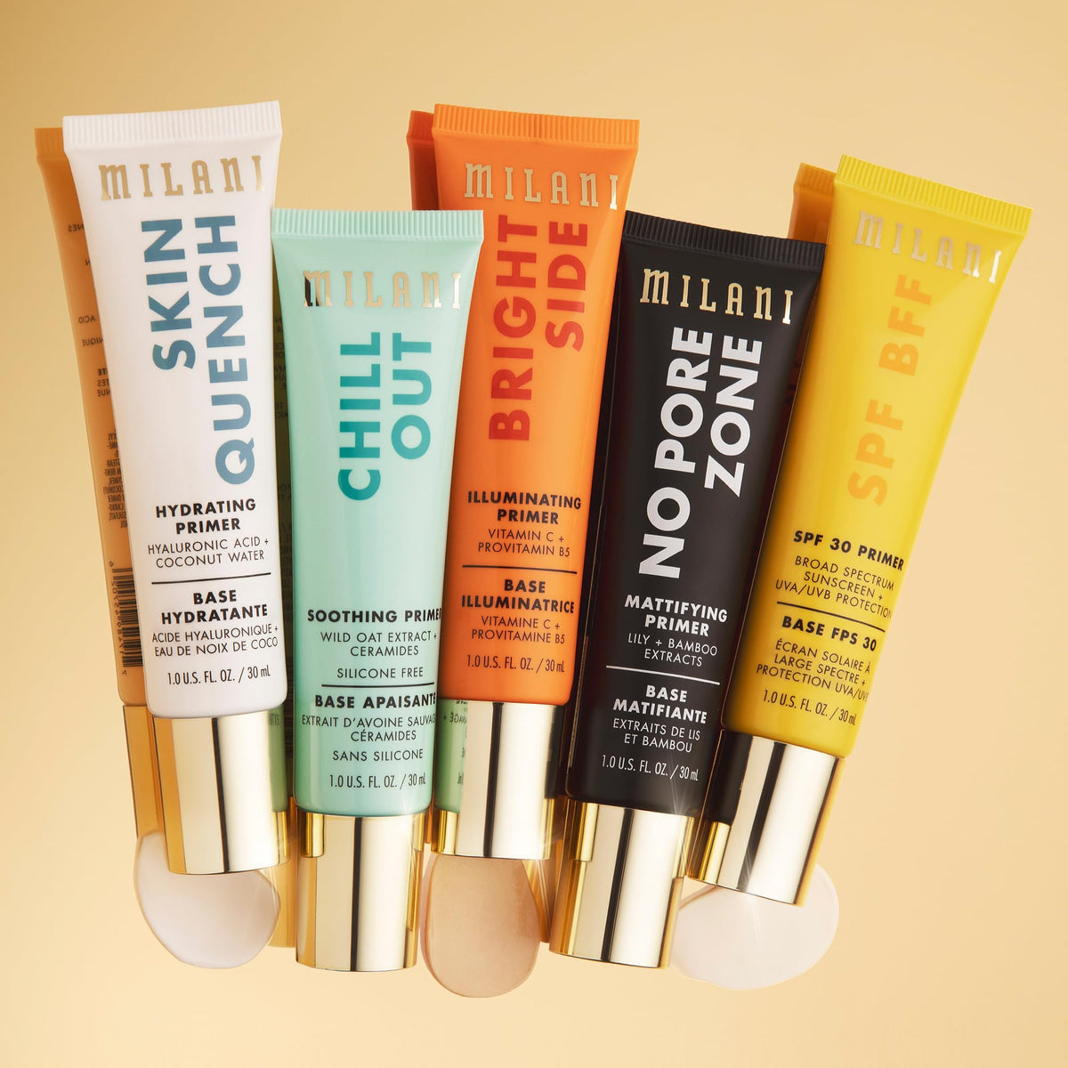 Milani primers in a makeup bag lifestyle shot showing convenience and travel-ready size