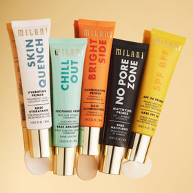 Milani primers in a makeup bag lifestyle shot showing convenience and travel-ready size