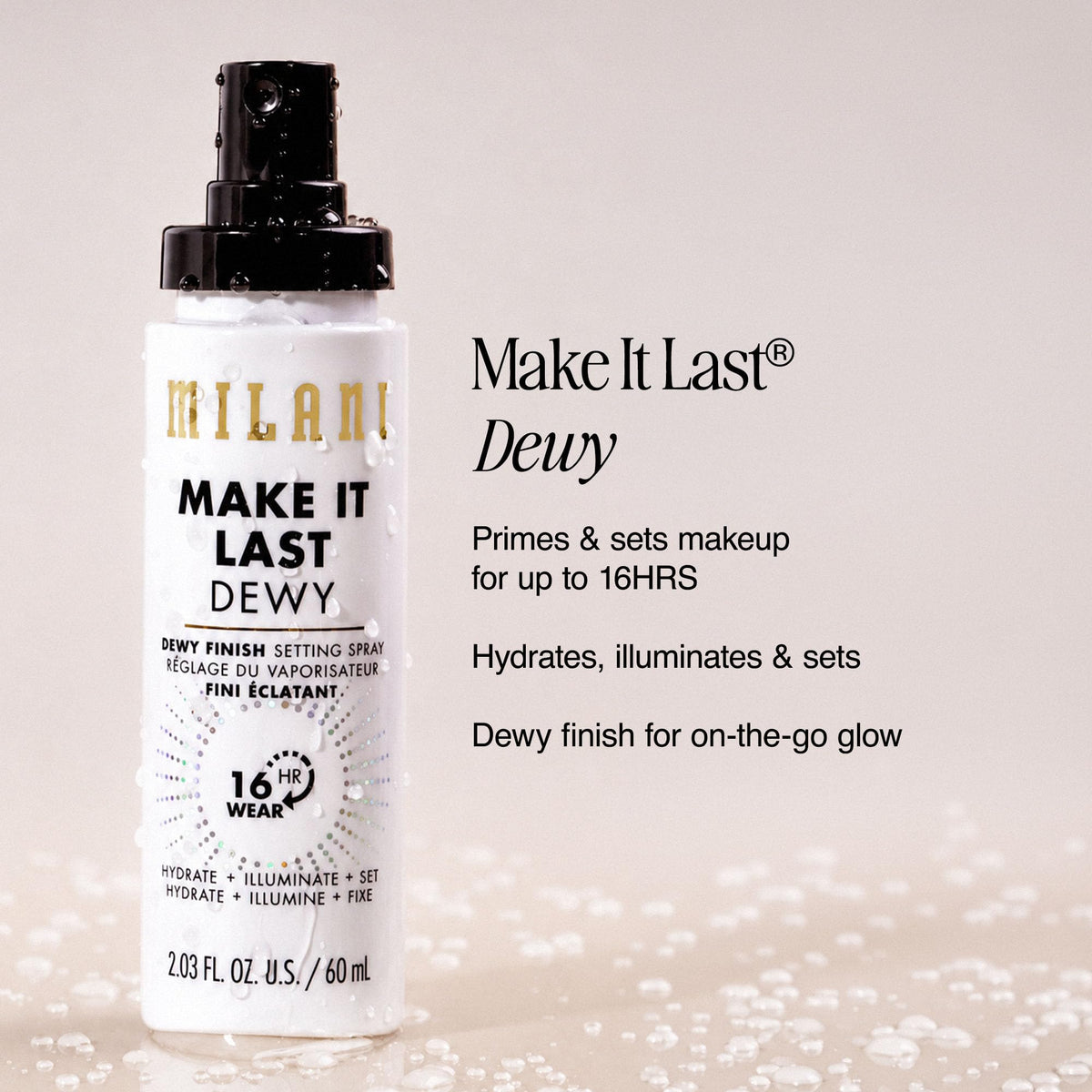 Milani side label showing ingredients and 2.03 fl oz size details