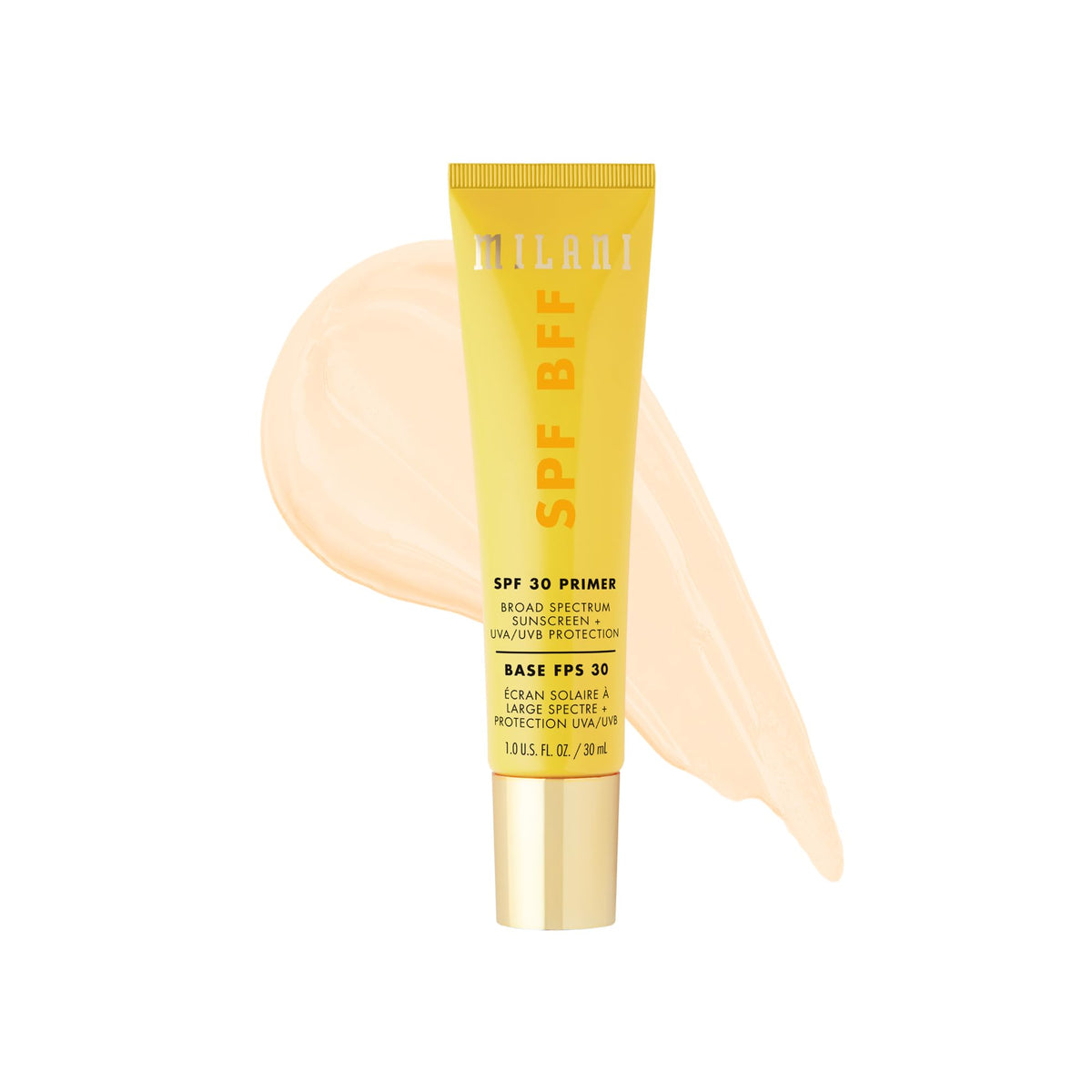 Milani SPF BFF primer front packaging showing SPF30 protection and compact bottle