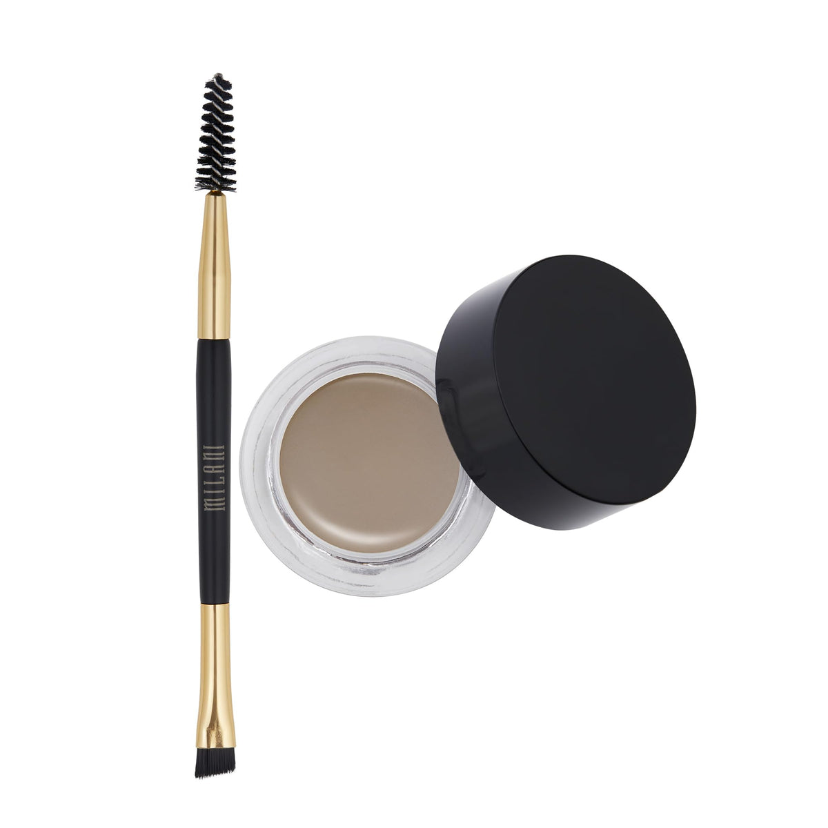 Milani product on vanity with tools suggesting easy, professional brow styling