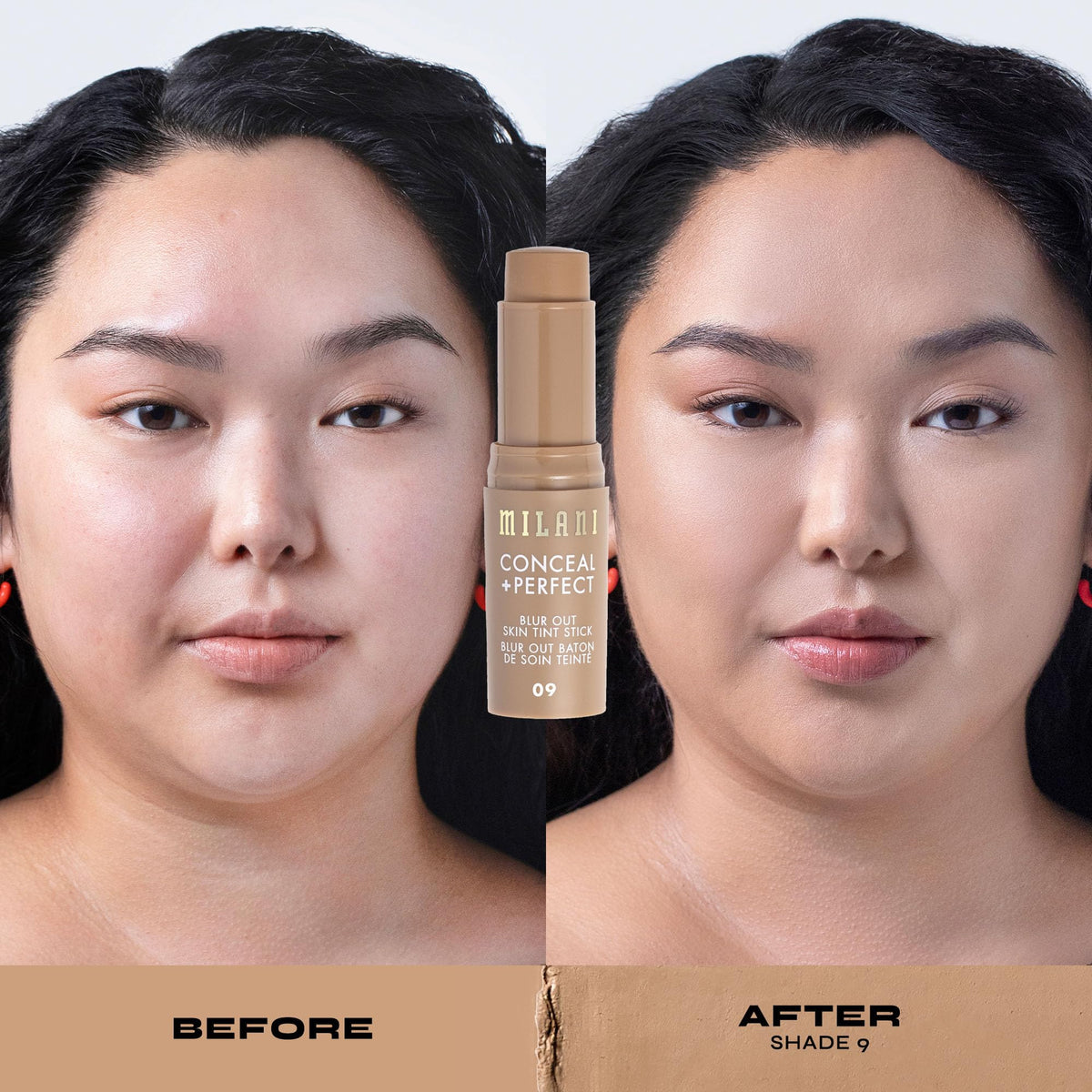 Milani application on cheek demonstrating quick coverage and pore-blurring benefit