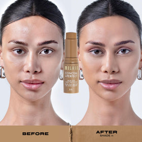 Milani before and after blended skin showing softened texture and soft-matte finish