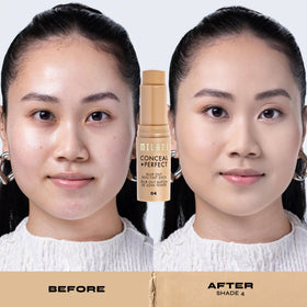 Milani stick next to makeup bag shows travel-friendly size and quick touch-up benefit