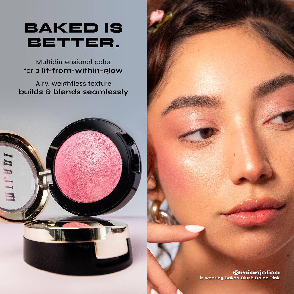 Milani Tea Rose pan close-up revealing smooth powder and blendability