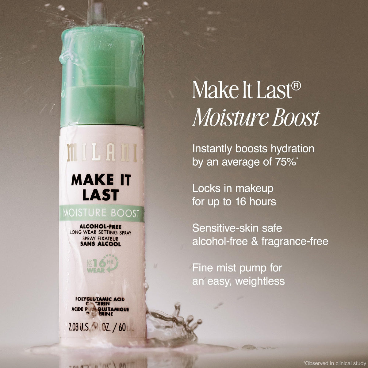 Milani texture droplet on skin highlighting hydrating glycerin effect