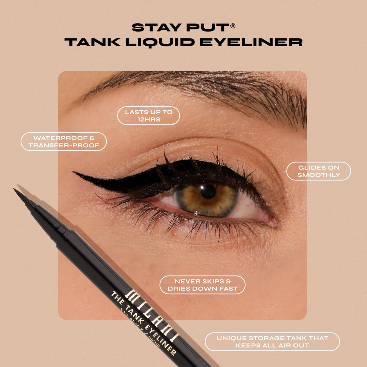 Milani close-up of applicator tip for precise, no-skip lining