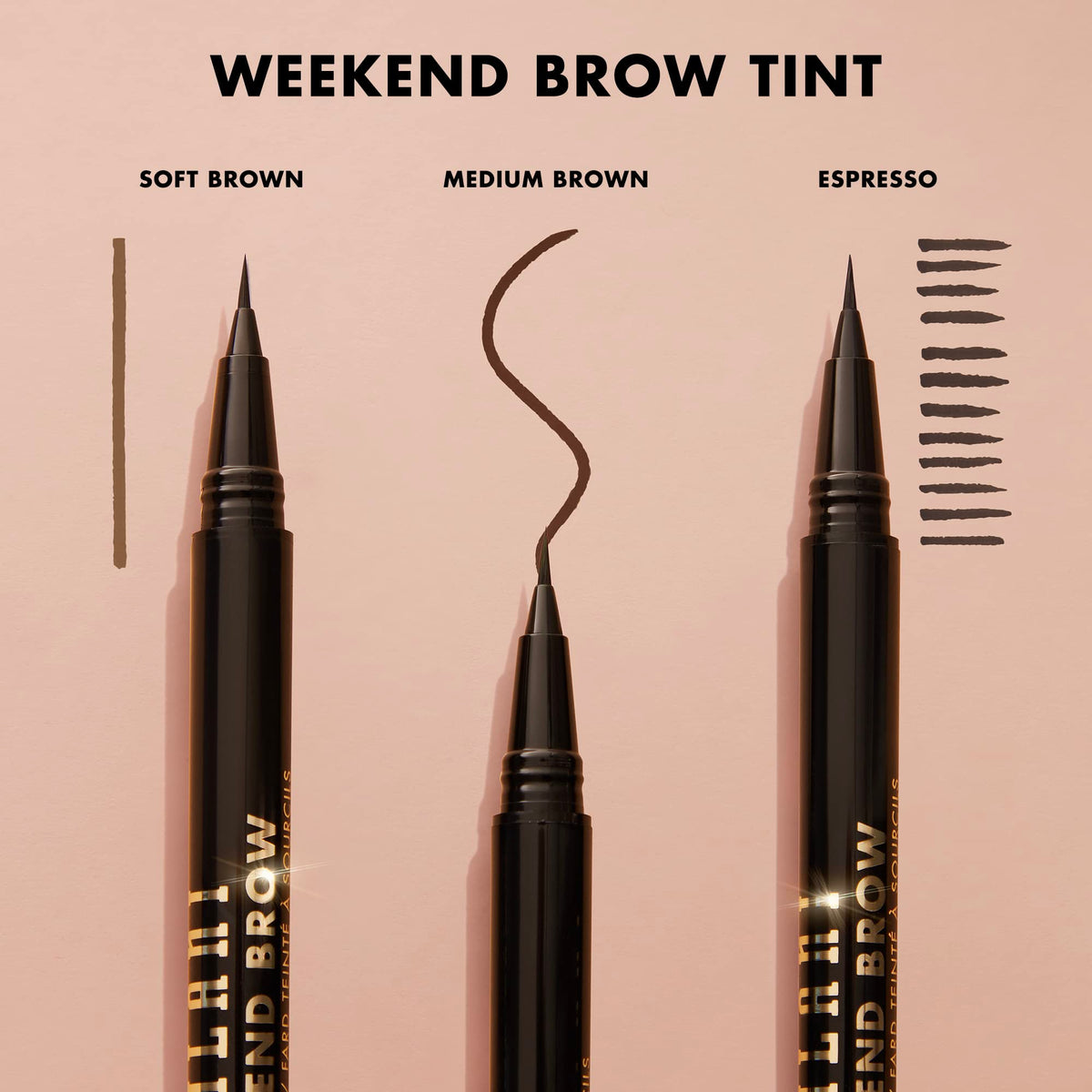 Milani swatch of 140 Espresso on skin showing rich brown pigment and long-lasting benefit