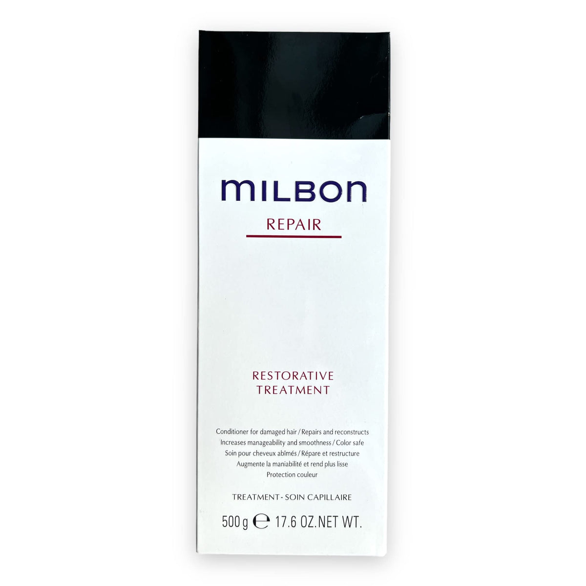 Milbon front packaging of 17.6 oz restorative conditioner showing label and size benefit