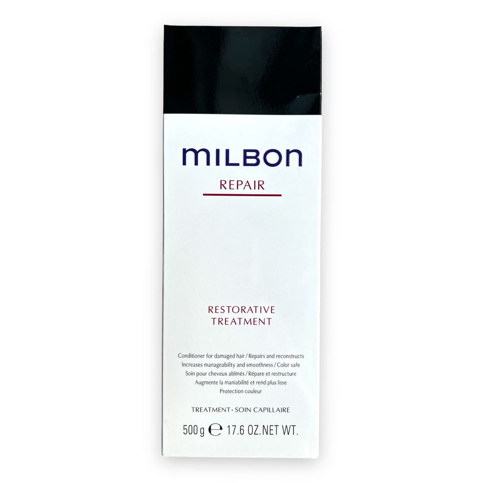Milbon front packaging of 17.6 oz restorative conditioner showing label and size benefit