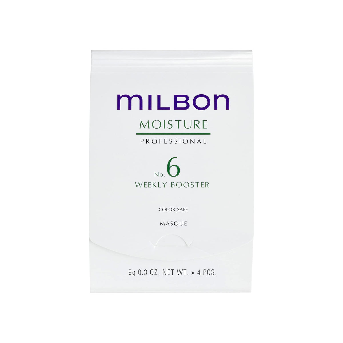 Milbon Moisture No.6 front packaging showing treatment bottle and glossy finish benefits