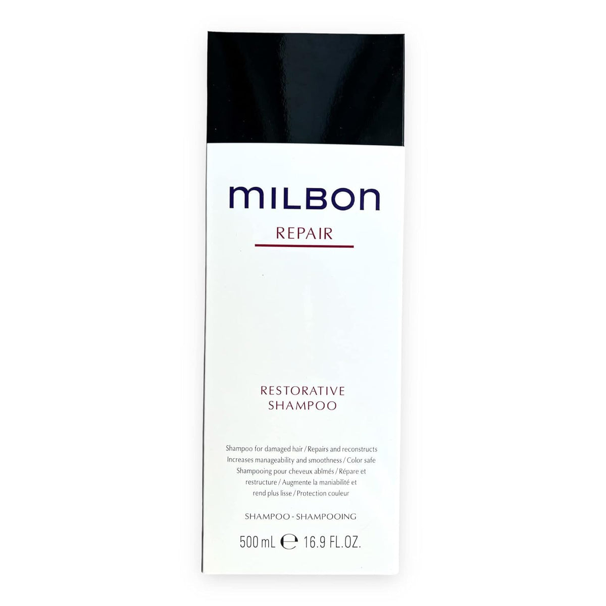 Milbon front packaging showing restorative shampoo for easy identification and purchase