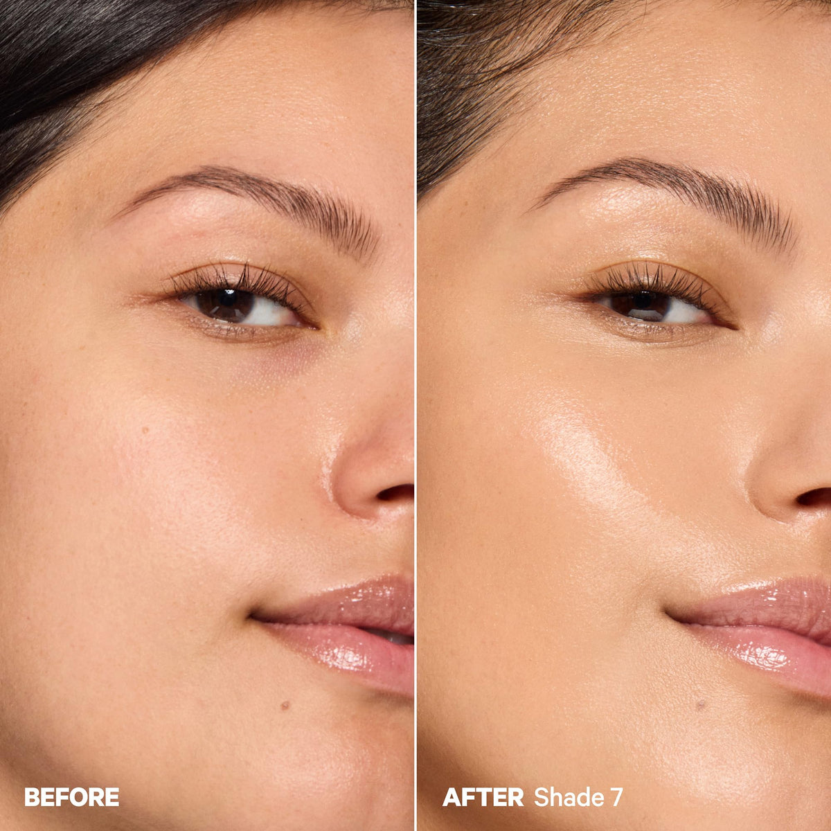 Milk Makeup Hydro Grip before and after half face showing even coverage