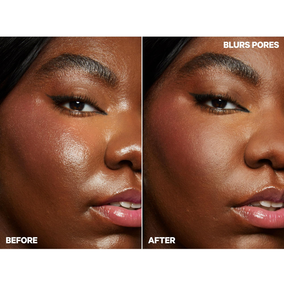 Milk Makeup before and after comparison illustrating visible pore-blurring benefit