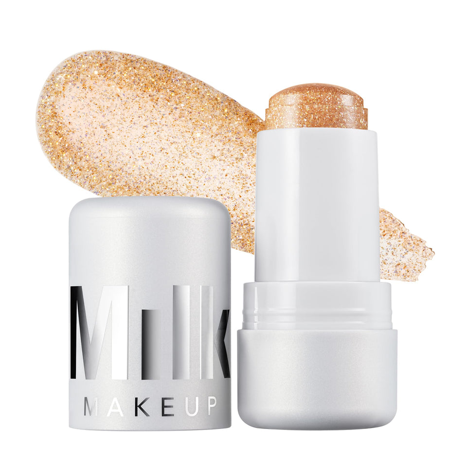 Milk Makeup front view of jelly shimmer stick showing compact, travel-friendly design and glow
