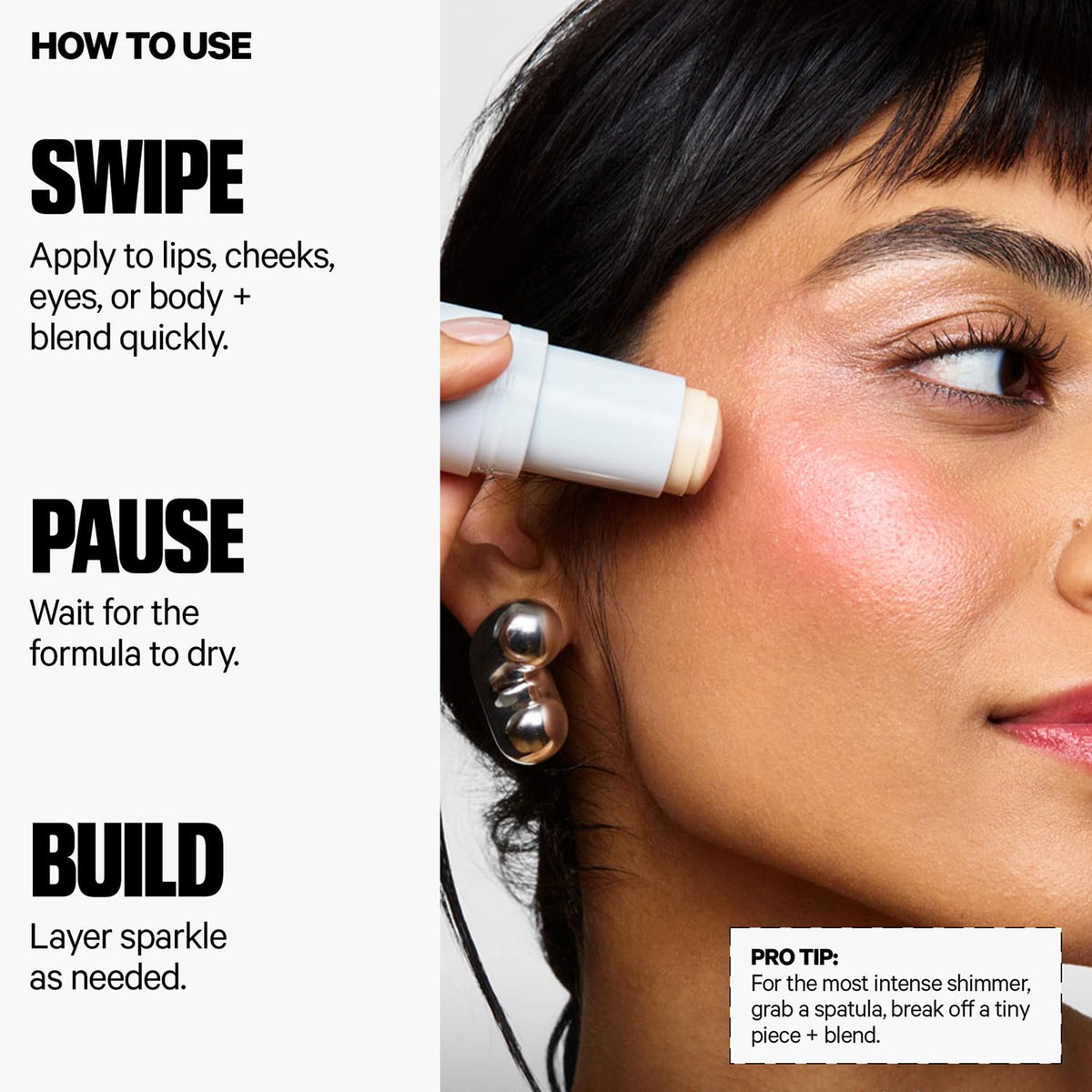Milk Makeup size comparison next to fingertip showing compact stick for on-the-go touchups