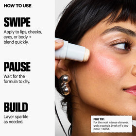 Milk Makeup size comparison next to fingertip showing compact stick for on-the-go touchups