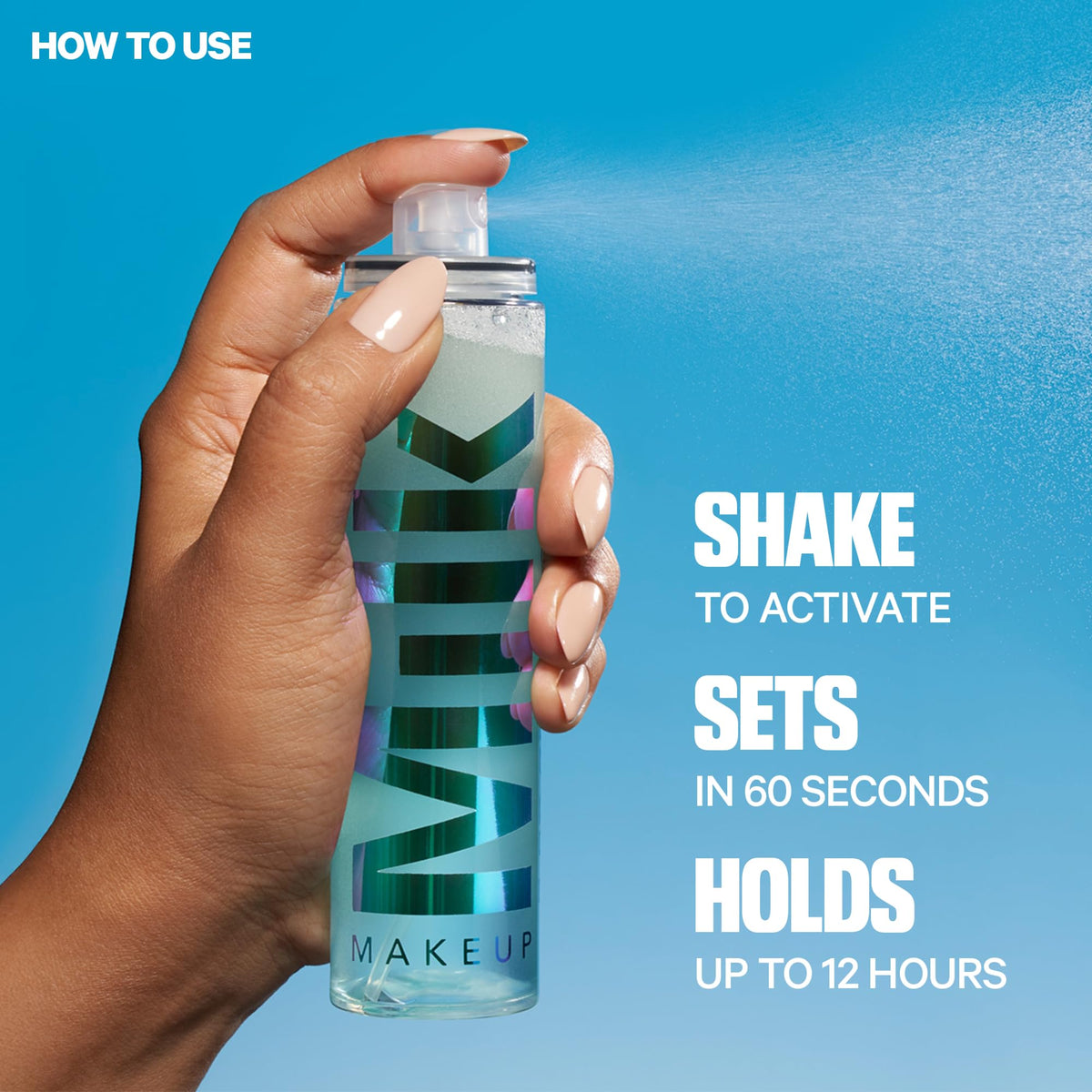 Milk Makeup spray in use on model for refreshed dewy skin and immediate hydration