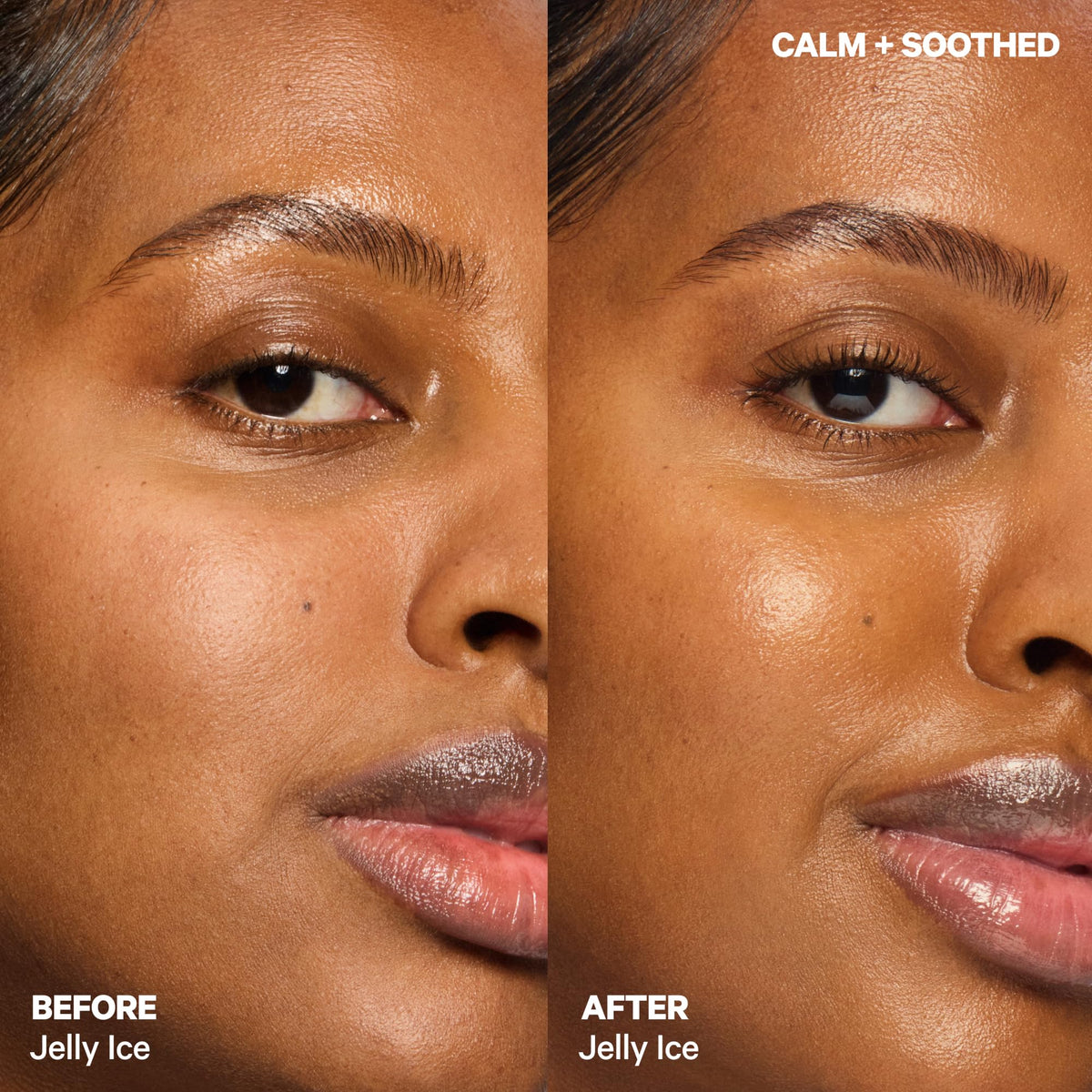 Milk Makeup cooling water jelly before and after calming demonstration showing reduced puffiness look