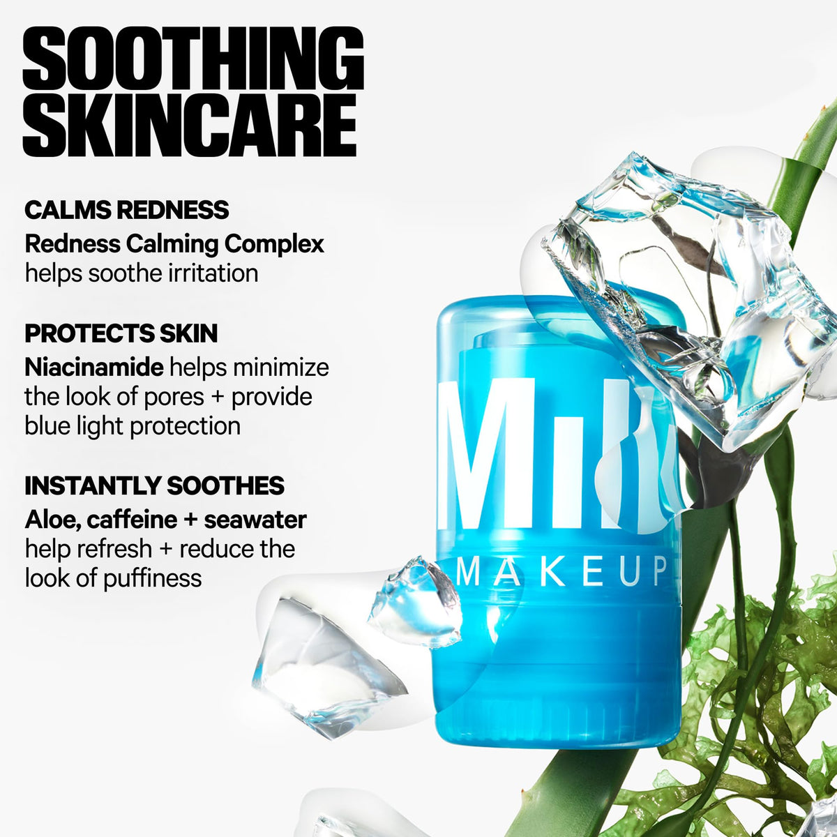 Milk Makeup cooling water jelly applied to cheek demonstrating calming effect and quick absorption