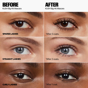 Milk Makeup before and after lashes showing lifted volume and length without clumps