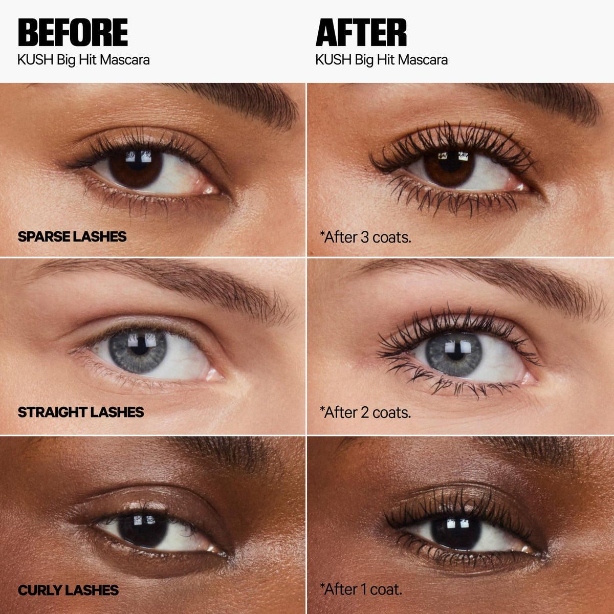 Milk Makeup lashes before and after showing lift and visible volume without clumps