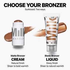 Milk Makeup bronzer in a travel pouch highlighting on-the-go convenience