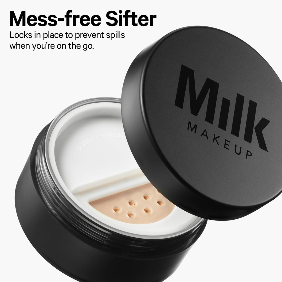 Milk Makeup powder applied with brush to set makeup for long wear benefit