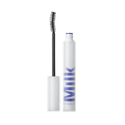 Milk Makeup RISE mascara front packaging showing product tube and bold black shade benefit: clear branding and compact design