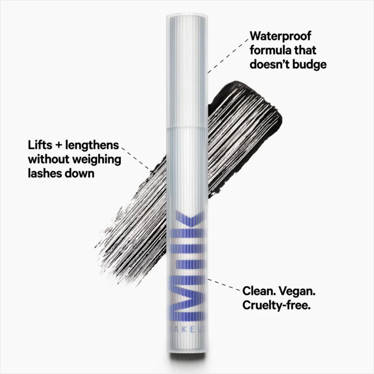 Milk Makeup RISE mascara texture swipe on white surface benefit: quick-drying creamy formula for even application