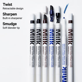Milk Makeup pencil next to a coin showing compact, travel-friendly size
