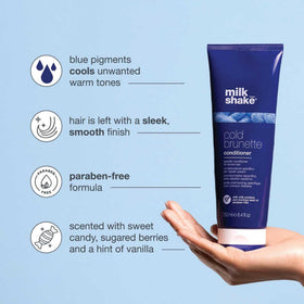 milk_shake product swatch on hair strand illustrating cooler, neutralized brunette tone