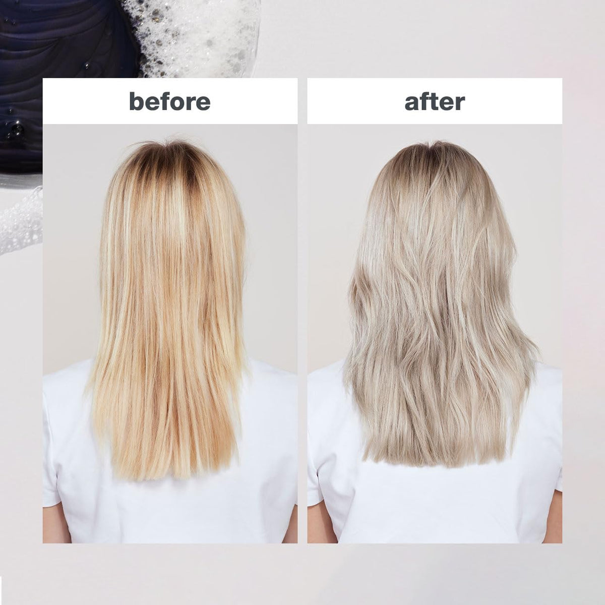milk_shake before and after on platinum hair showing reduced brass and cool tone