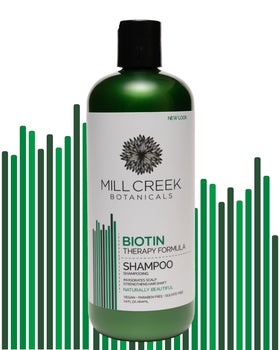 Mill Creek label close-up highlighting biotin, argan oil, aloe benefits
