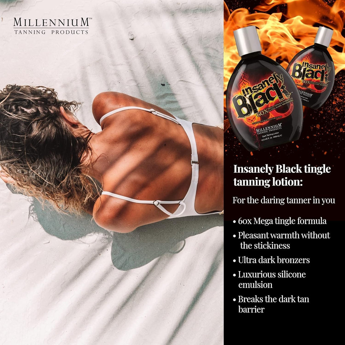 Millennium Tanning angled bottle highlighting 13.5oz size and ergonomic design benefit