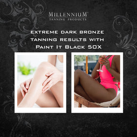 Millennium Tanning label detail highlighting product name and dark-bronze formula