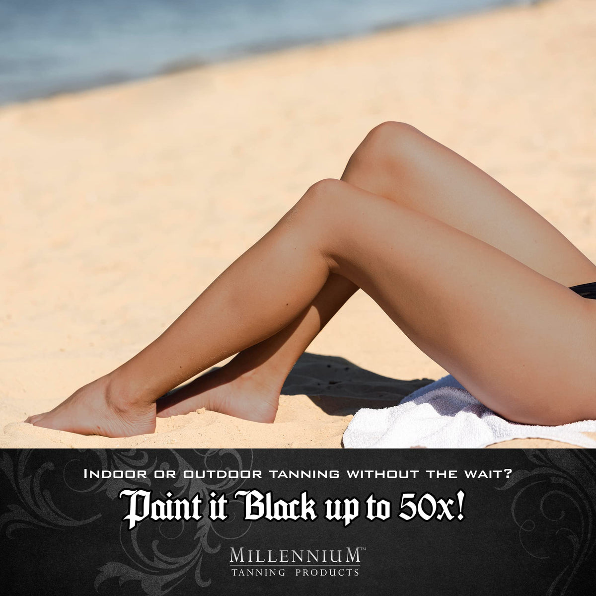 Millennium Tanning used at beach setting showing enhanced bronzed appearance
