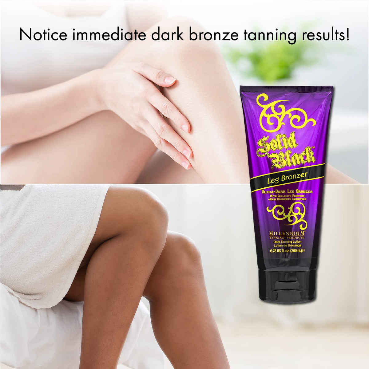 Millennium Tanning bottle held in hand showing 6.78 oz scale and portability