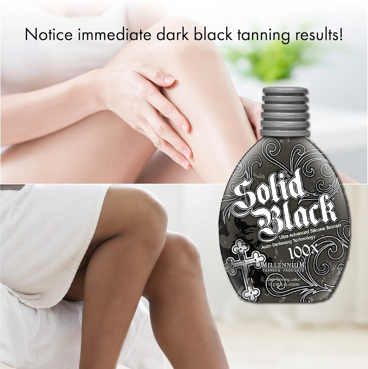 Millennium Tanning lotion texture pouring from bottle for smooth application