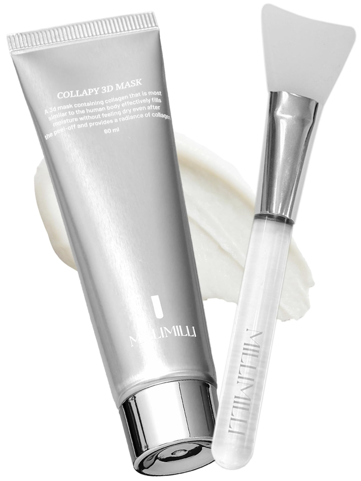 millimilli front packaging showing mask and brush, highlights product benefits